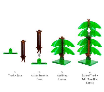 Magnatiles Dino World XL 50pc shows step-by-step assembly of tropical-themed magnetic tree pieces.