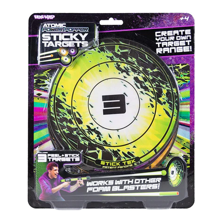 Popper Sticky Target Set with 3 peel-and-stick targets for foam blasters, indoor and outdoor shooting fun.