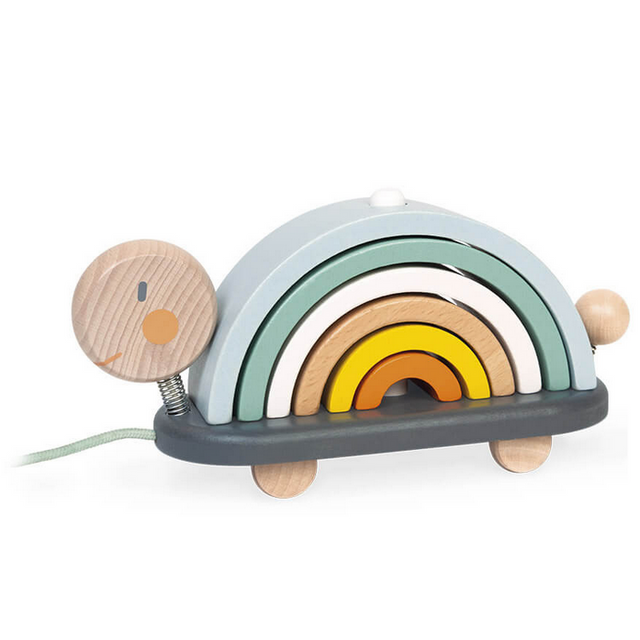 Pull Toy Rainbow Turtle wooden baby toy with stackable colorful arches for early learning and motor skill development.