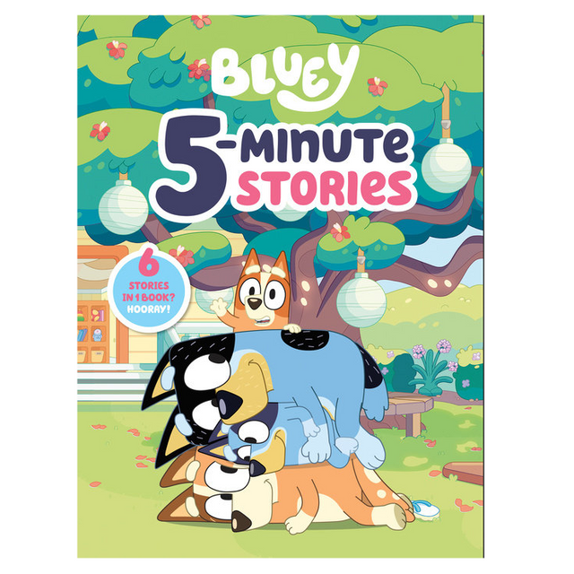 Bluey 5 Minute Stories book cover showing Bluey and friends in a colorful outdoor setting with trees and flowers.
