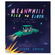 Meanwhile, Back on Earth book cover showing two characters in a car floating in outer space with colorful text.