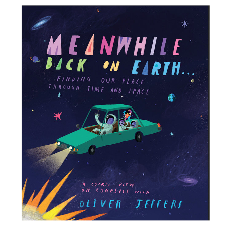 Meanwhile, Back on Earth book cover showing two characters in a car floating in outer space with colorful text.