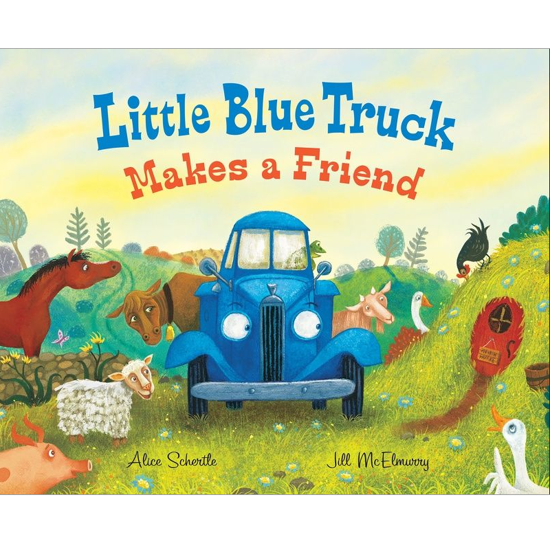 Cover of Little Blue Truck Makes a Friend showing a blue truck and farm animals in a colorful meadow.