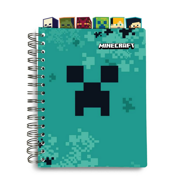 Minecraft Survival Notebook with Creeper cover and six tabbed dividers featuring Minecraft mobs for organizing notes and ideas.