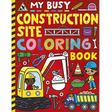 My Busy Construction Site Coloring Book with colorful construction vehicles and tools on a red background.