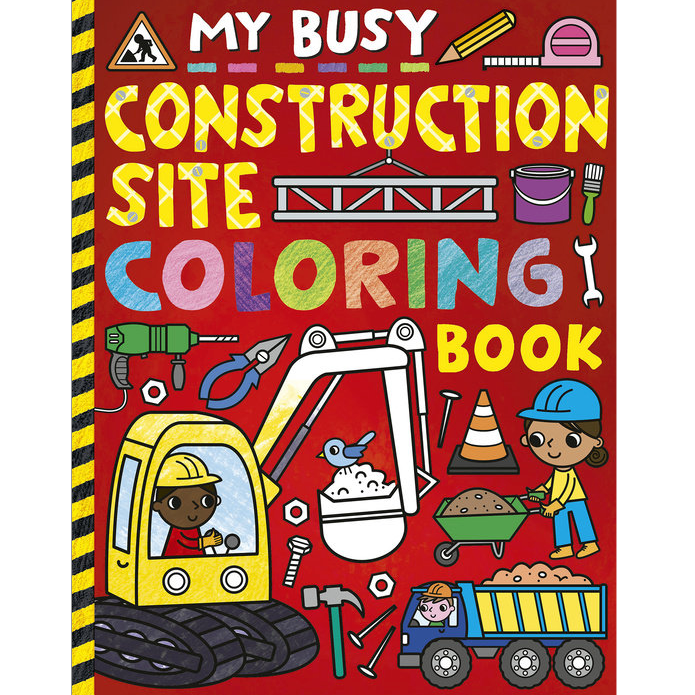 My Busy Construction Site Coloring Book with colorful construction vehicles and tools on a red background.