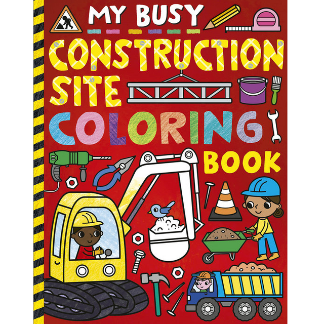 My Busy Construction Site Coloring Book with colorful construction vehicles and tools on a red background.