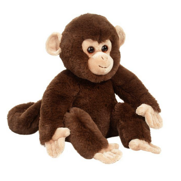 Monkey Mikie soft stuffed monkey with chocolate brown fur, tan accents, amber eyes, and a playful smile sitting down.