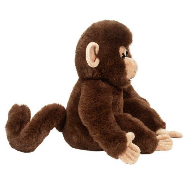 Monkey Mikie soft plush monkey with chocolate brown fur, tan accents, and a curly tail sitting in profile.