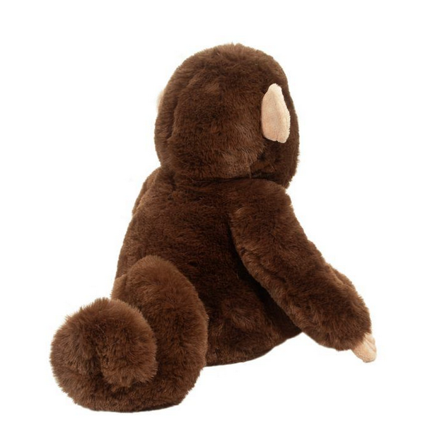 Monkey Mikie plush toy showing soft chocolate brown fur and curled tail from the back, perfect for hugs and play.