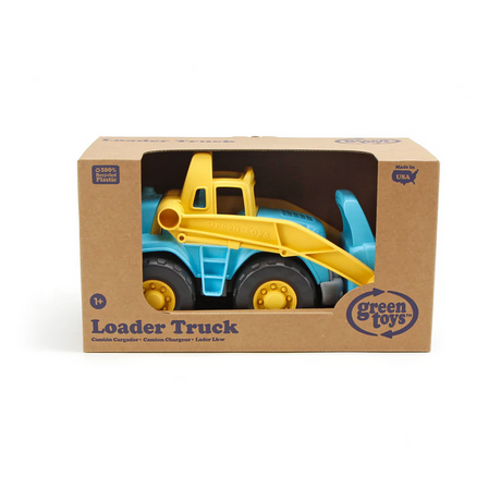 Loader Truck by Green Toys in yellow and blue, made from recycled materials, safe for ages 1 and up, in packaging.