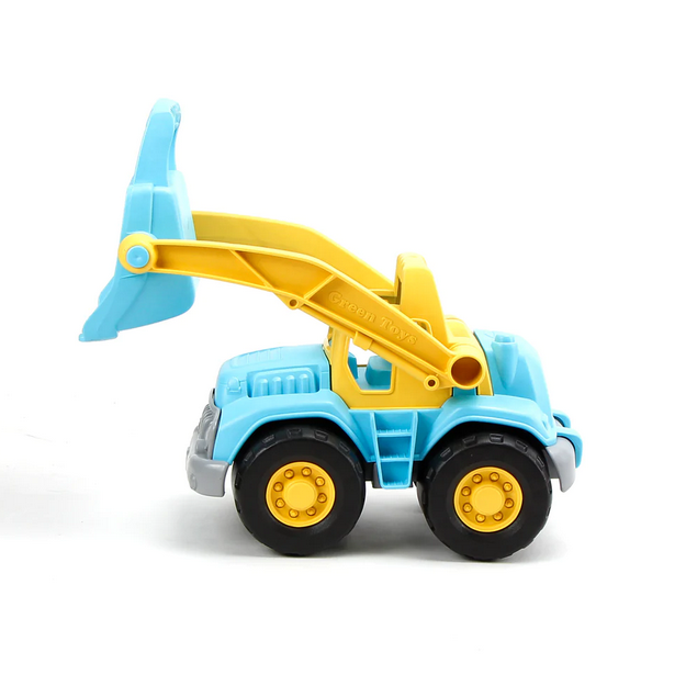 Loader Truck toy in blue and yellow with movable arm and bucket, perfect for indoor and outdoor play for toddlers.