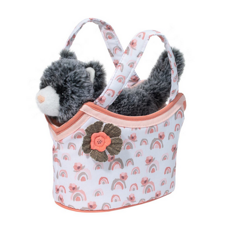 Pet Carrier Watercolor Rainbow Cat tote with coral trim, floral pattern, and a plush gray cat inside.