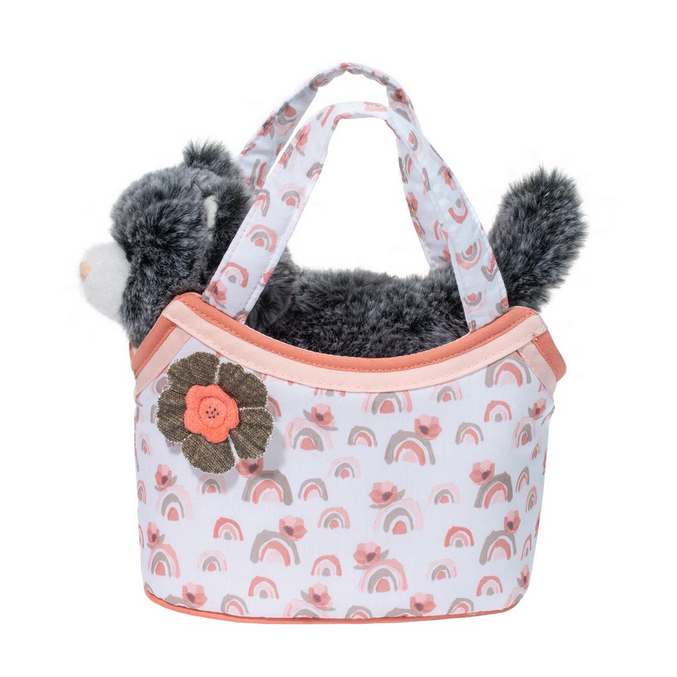 Pet Carrier Watercolor Rainbow Cat tote with pink rainbows, coral trim, fabric flower, and gray plush cat inside.