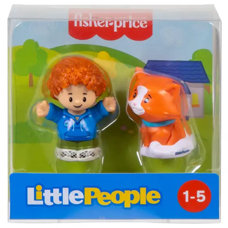 Fisher-Price Little People 2pk with a red-haired child figure and an orange cat toy for toddlers ages 1-5.