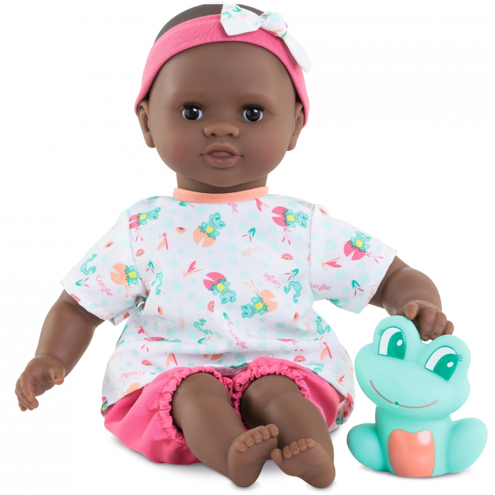 Bath Baby Alyzée doll with brown eyes, frog outfit, pink headband, and matching bath toy for water play.