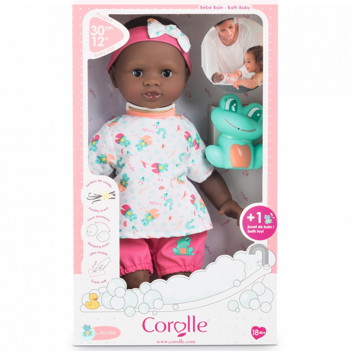 Bath Baby Alyzee doll in frog outfit with bath toy, soft vinyl limbs, and vanilla scent for water play and cuddling.