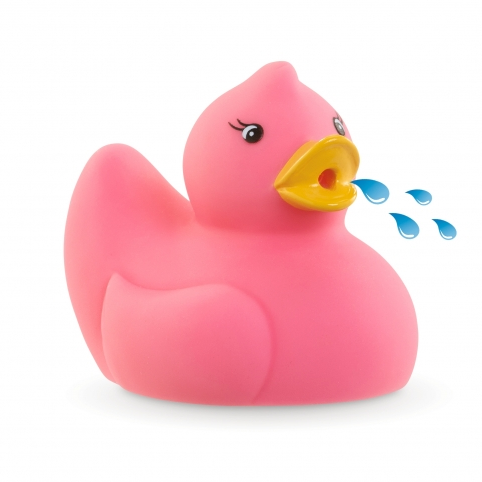 Bath Baby Coralie pink rubber duck bath toy with yellow beak and water droplets, perfect for water play.