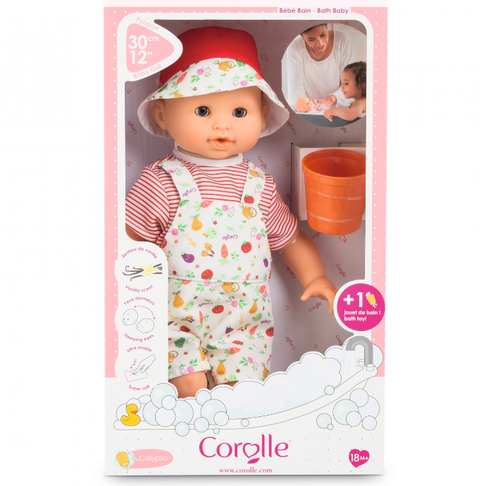 Bath Baby Calypso Garden doll in frog-print outfit with bath toy, perfect for water play and cuddling.