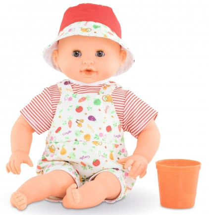 Bath Baby Calypso Garden doll wearing striped shirt and printed overalls with matching hat and orange cup accessory.