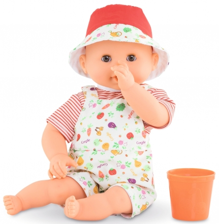 Bath Baby Calypso Garden doll wearing a red hat and fruit-print outfit with a small orange bath toy.