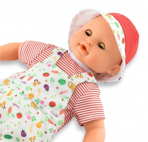 Bath Baby Calypso Garden doll in striped shirt and colorful overalls with a sun hat, eyes gently closed.