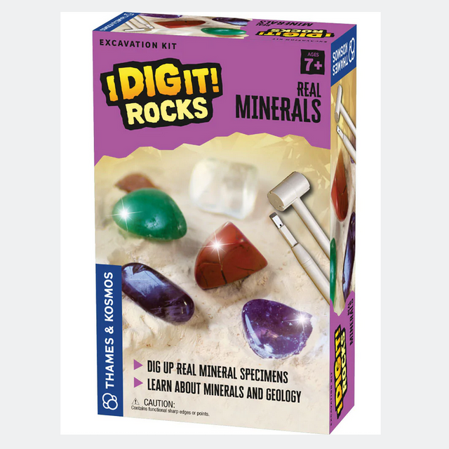 I Dig It! Real Minerals excavation kit with five mineral specimens and tools for kids ages 7 and up.