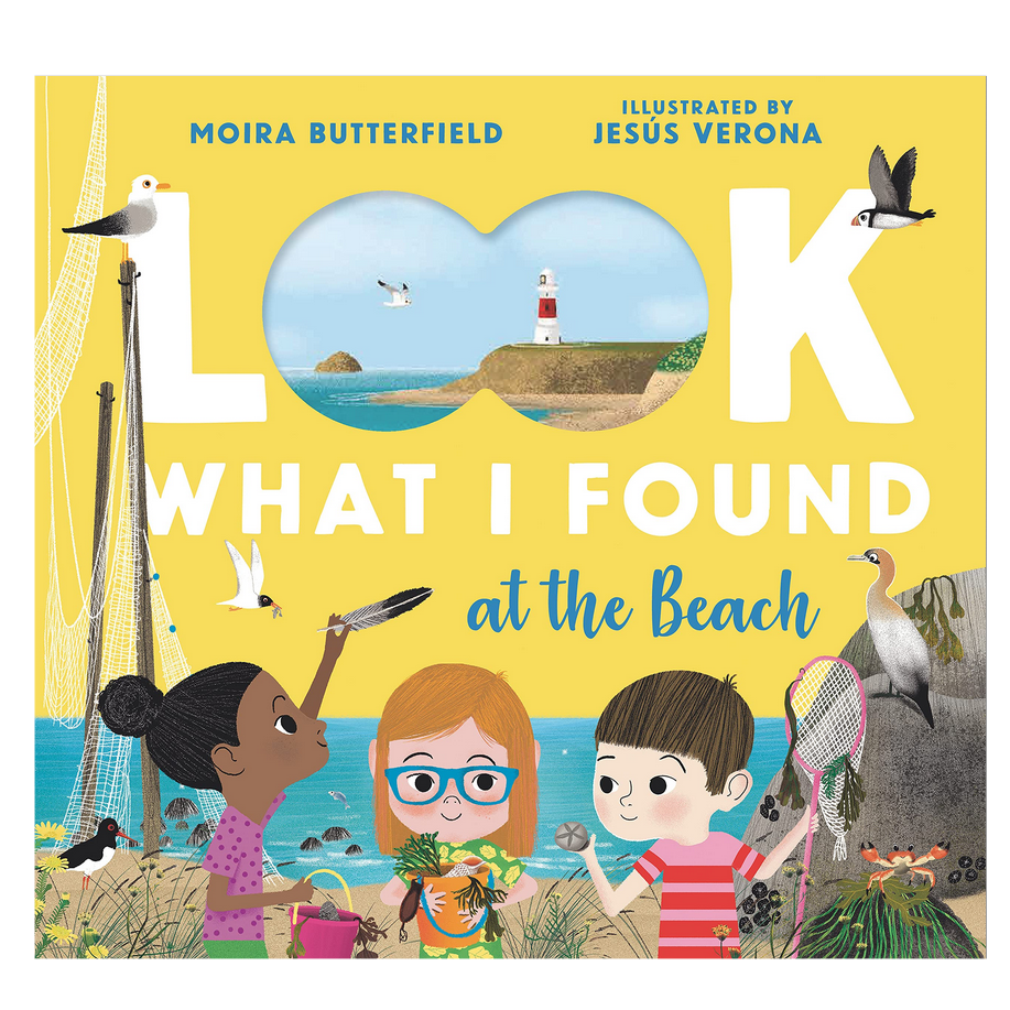 Look What I Found at the Beach book cover showing children exploring marine life by the sea with birds and lighthouse background.