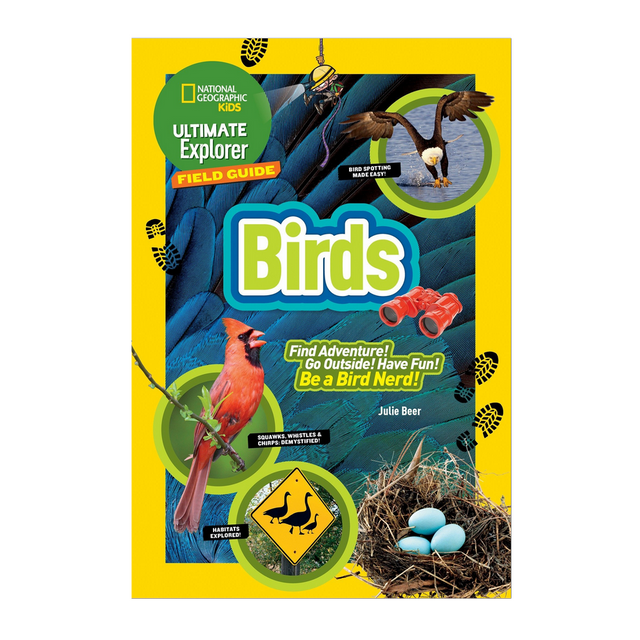 Kids Field Guide: Birds book cover with bird images, binoculars, nest with eggs, and adventure theme for kids.