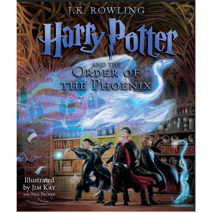 Harry Potter and the Order of the Phoenix Illustrated Edition book cover with magical figures and swirling phoenix artwork