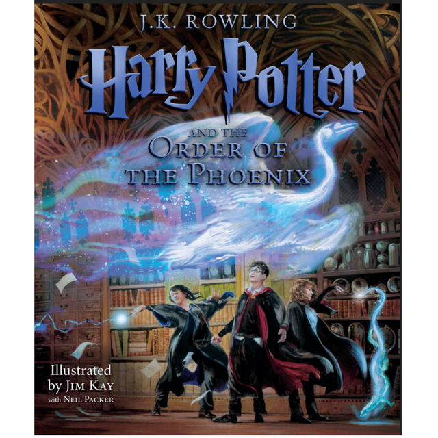 Harry Potter and the Order of the Phoenix Illustrated Edition book cover with magical figures and swirling phoenix artwork