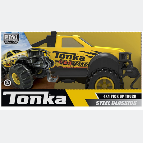 Tonka 4x4 Pickup Truck in yellow with large tires and metal blade, built tough for ages 3 and up.