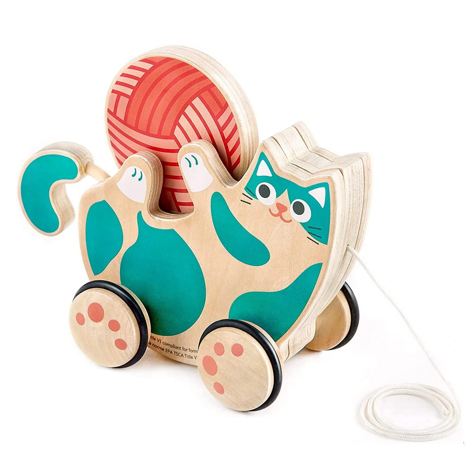 Pull Along Roll & Rattle Kitten wooden toy with removable wool ball, rubber-trimmed wheels, and wagging tail for toddlers.