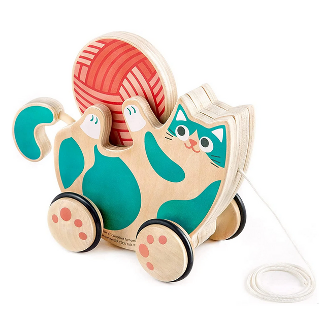 Pull Along Roll & Rattle Kitten wooden toy with removable wool ball, rubber-trimmed wheels, and wagging tail for toddlers.