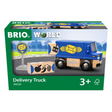 BRIO World Delivery Truck toy with blue wooden truck, cargo pieces, and delivery spot sign for ages 3 and up.