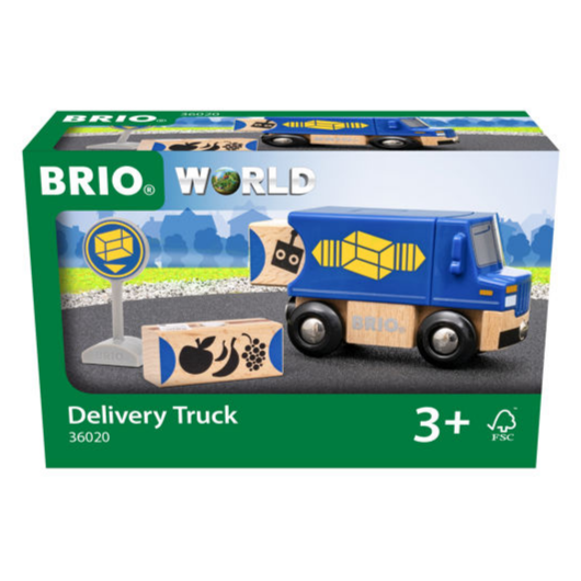 BRIO World Delivery Truck toy with blue wooden truck, cargo pieces, and delivery spot sign for ages 3 and up.