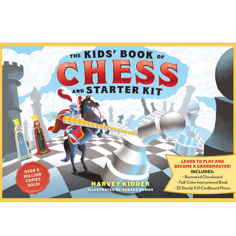 Kids Book of Chess & Kit with illustrated chessboard, instructional book, and 32 cardboard chess pieces for beginners.