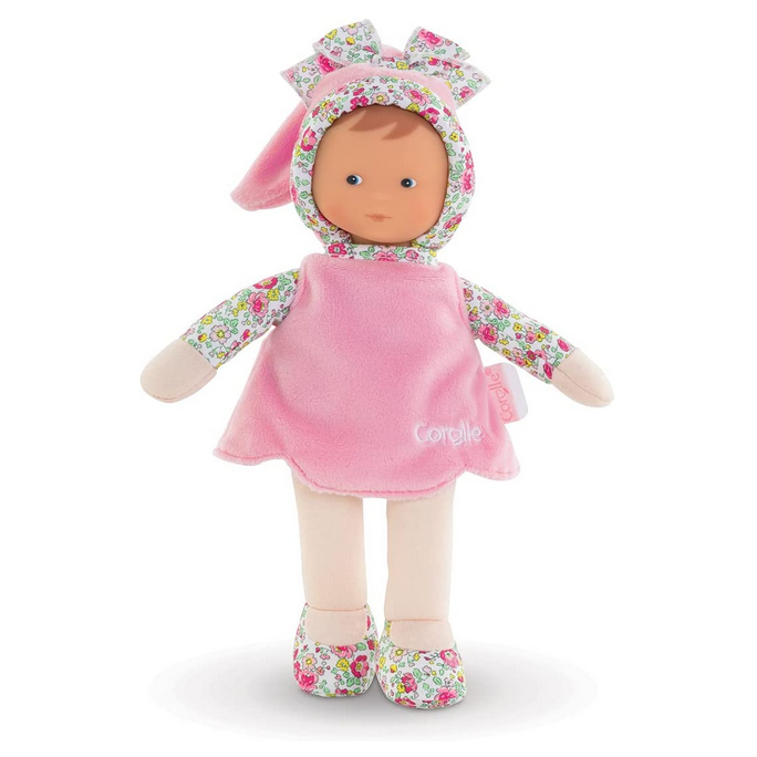 Miss Blossom Garden soft baby doll with floral hat and pink dress, cuddly and perfect for babies.