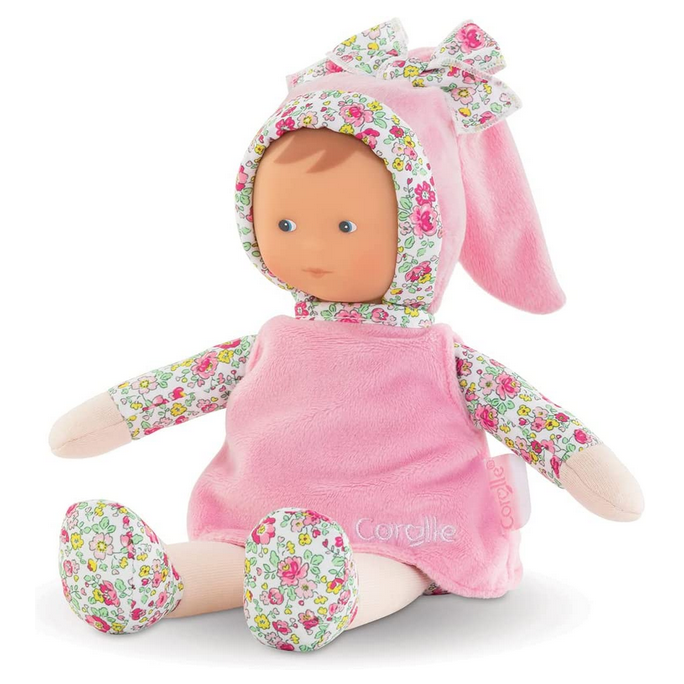 Miss Blossom Garden soft baby doll in pink floral outfit with stocking cap, cuddly and perfect for babies.
