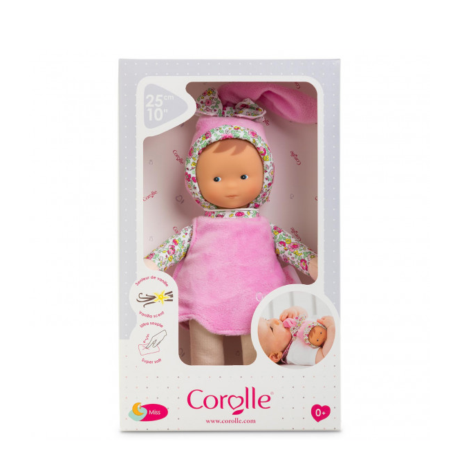 Miss Blossom Garden soft baby doll in pink outfit with floral hat, designed for babies 0+ and easy to hold.