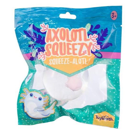 Axolotl Squeeze Ball in clear packaging with colorful design and a small axolotl figure inside for ages 3 and up.