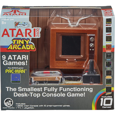 Atari Tiny! miniature console with joystick and vintage TV screen, featuring 10 classic preprogrammed Atari 2600 games.