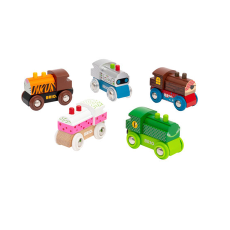 Themed Wooden Train - Assorted colorful wooden toy trains with magnetic couplings, featuring fun designs in classic BRIO style.