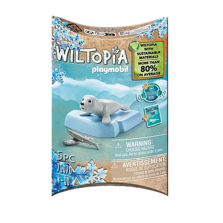 Wiltopia Seal toy figure with baby seal, fish, and accessories made from sustainable materials for ages 4 and up.