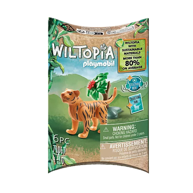 Wiltopia Baby Tiger toy figure with eco-friendly packaging featuring a collectible animal card and accessories.
