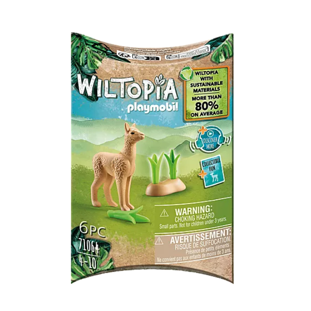 Wiltopia Baby Alpaca toy figure with plants, made from over 80% sustainable materials, for ages 4 to 10.
