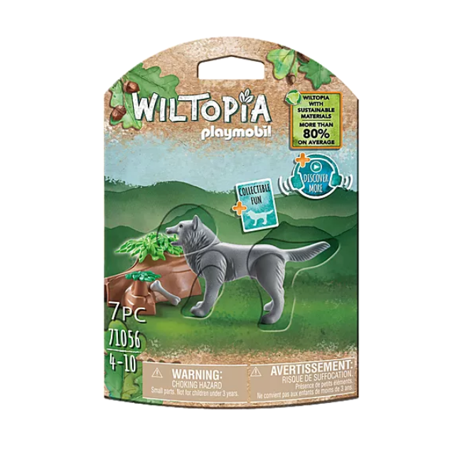 Wiltopia Wolf toy figure with leafy accessory in eco-friendly packaging for imaginative animal play and learning.