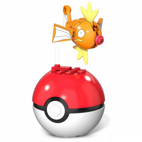Mega Construx Pokemon Ball with buildable Magikarp figure and Poké Ball display stand for ages 6 and up.