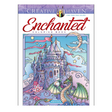 Enchanted Coloring Book cover with a fantasy castle, dragon, moon, stars, and whimsical clouds in pastel colors.