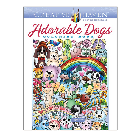 Adorable Dogs Coloring Book cover with colorful playful dogs, hearts, rainbow, and flowers in Angela Porter's creative style.